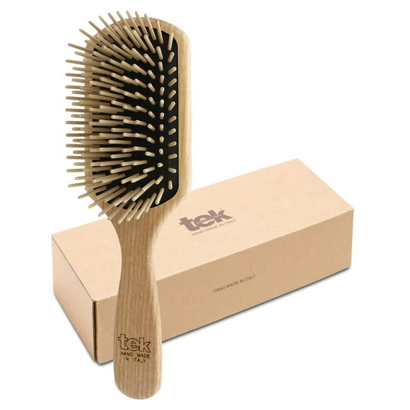 TEK- Brosse Rectangulaire à Longue Dent en Bois de Frêne Fait Main en Italie, pour Cheveux Longs, Épais et Raides - 22 x 6.5 cm