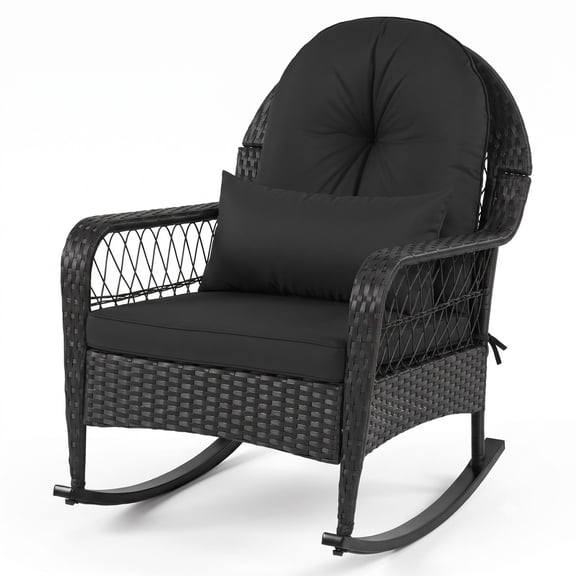 Furnibear Outdoor Wicker Rocking Chair, PE Rattan Patio Rocker with Anti-Tip Stoppers, Thick Back Lumbar and Seat Cushions, 400 lbs Capacity Glider Chair for, Black