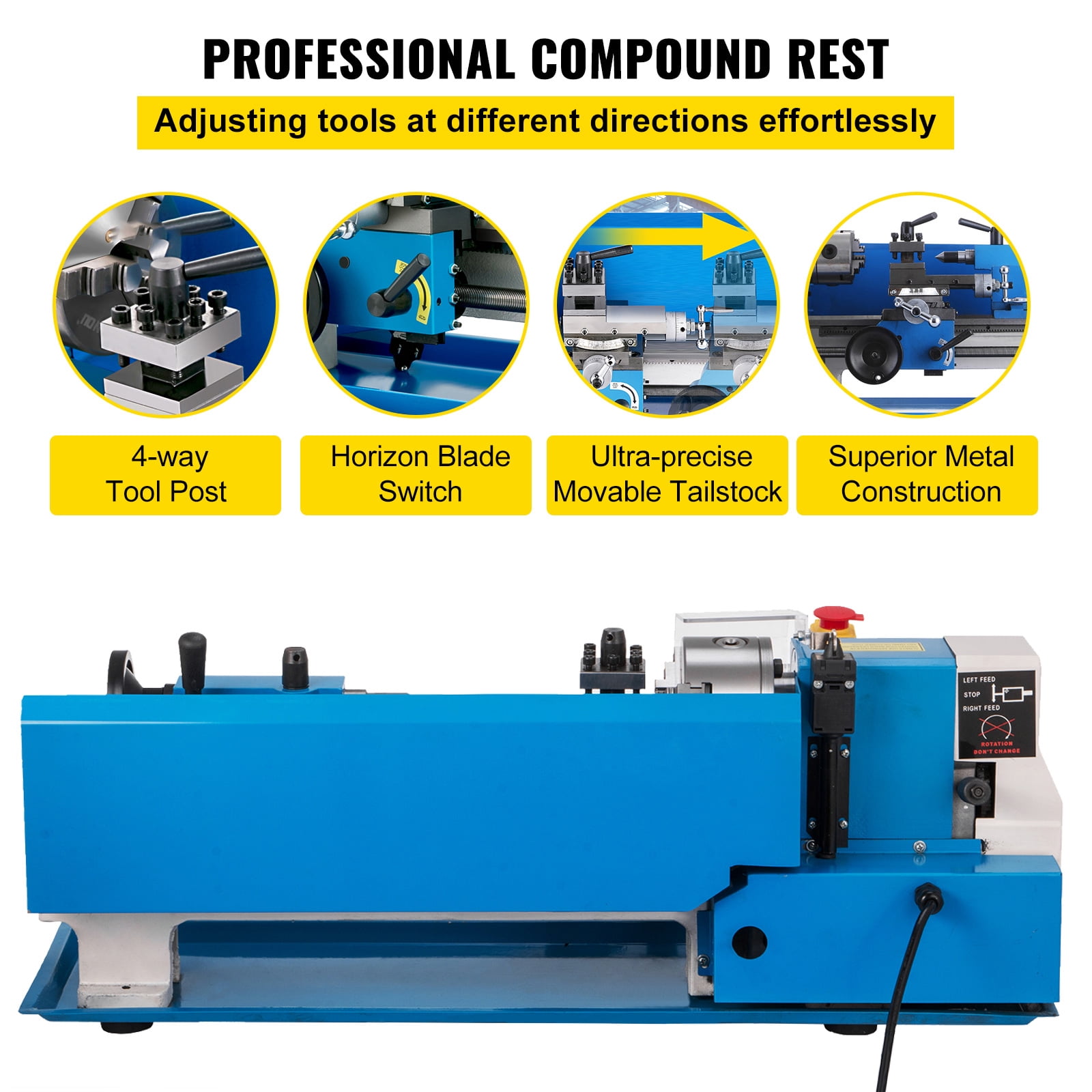 KFFKFF Metal Lathe 7" x 14", Bench Top Metal Lathe, Mini Metal Lathe 0-2250 RPM Variable Speed,Mini Lathe with 4" 3-jaw Chuck, Benchtop Lathe, for Various Types of Metal Turning