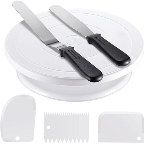 Cake Decorating Kit Baking Supplies Cake Turntable with 2 Frosting Straight Angled Spatula 3 Icing Smoother Scrapers Baking Accessories Tools for Beginners and Pros, White