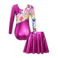 thumbnail image 2 of Doomiva Kids Girls Printed Patchwork Long Sleeve Gymnastics Ballet Dance Leotard Bodysuit with Pleated Skorts Skirt Set Rose 8, 2 of 7