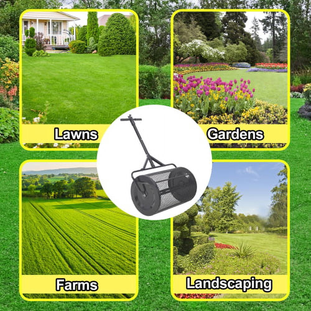 Compost Spreader 36 Inch Peat Moss Spreader with Installation Support Accessories, Metal Mesh Roller Lawn Spreader for Top Soil, Manure, Mulch, Top Dressing - Garden spreaders for lawns