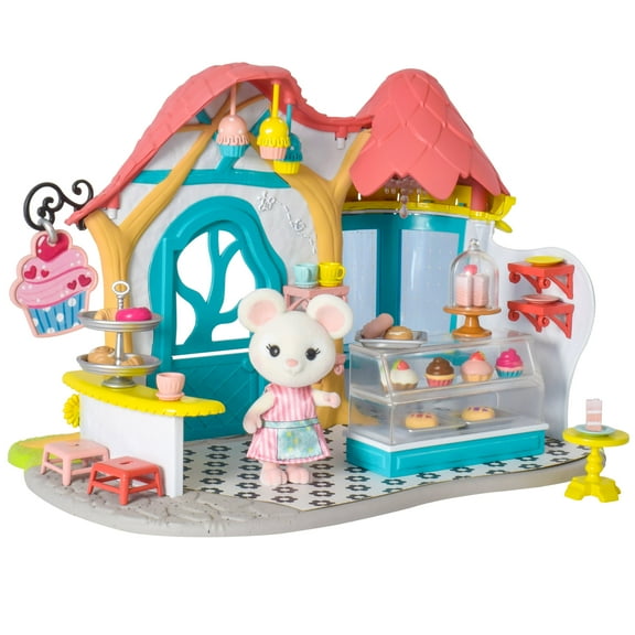 Honey Bee Acres Bees Teas Pastry Shop – 35 Piece Miniature Bakery Dollhouse with Cupcakes, Tea Cups & Exclusive Mouse Figure – Kids Ages 3