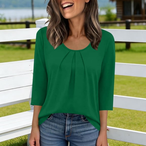 Maqroz Women Round Neck Top Three Quarter Sleeve Solid Color Tops Elegant Blouse Soft Summer Loose Comfy Daily Wear Fashion Breathable Lightweight Outfits