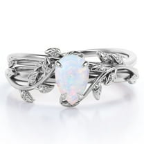 JeenMata Prong Setting 1 Carat Teardrop Natural Opal Leaf Pattern Bridal Ring Set in 18K White Gold Plating over Silver