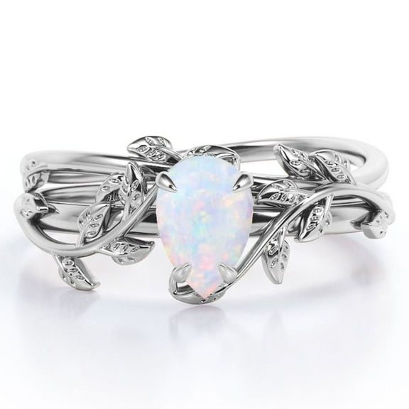 JeenMata Prong Setting 1 Carat Teardrop Natural Opal Leaf Pattern Bridal Ring Set in 18K White Gold Plating over Silver