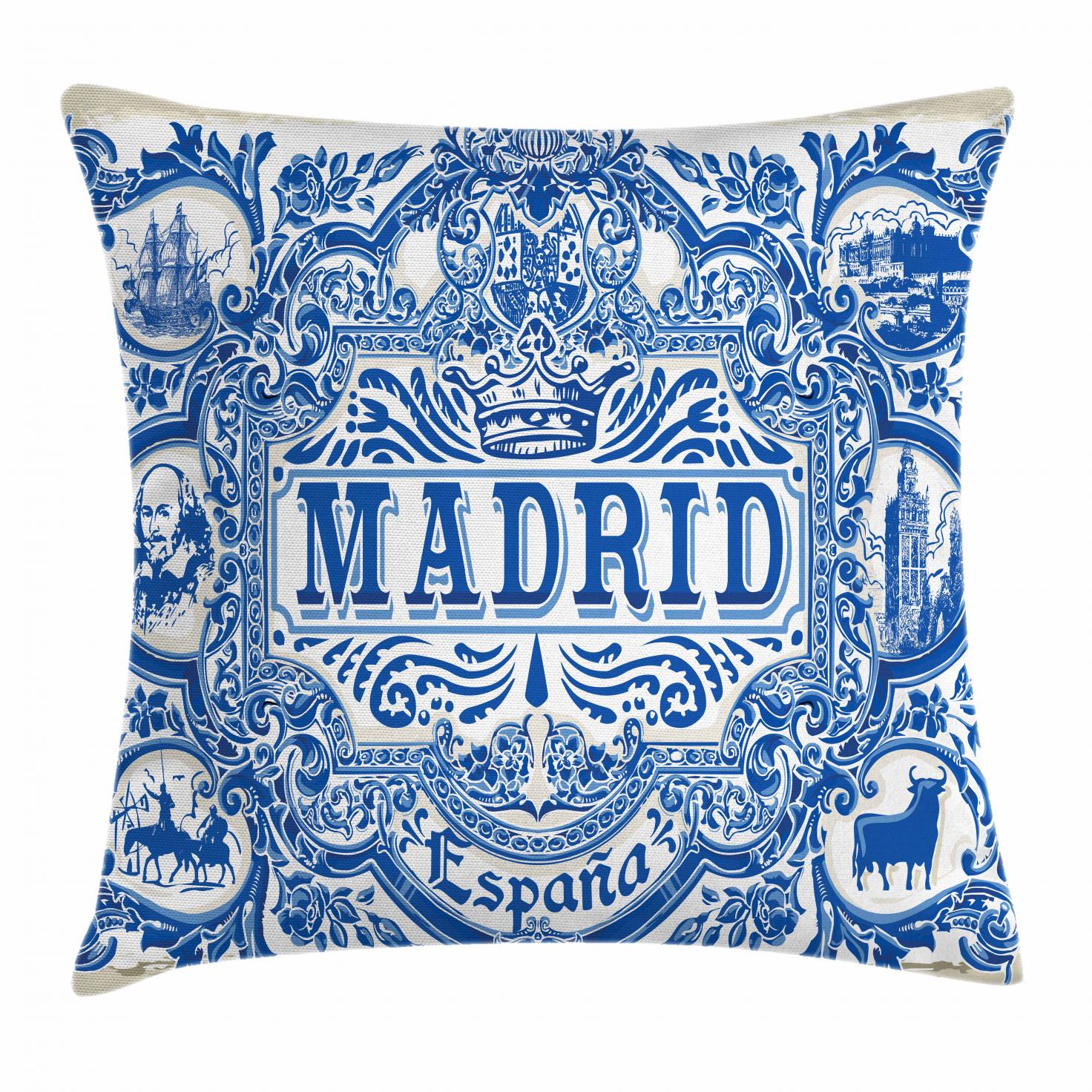 Spanish Throw Pillow Cushion Cover, Madrid Calligraphy Traditional