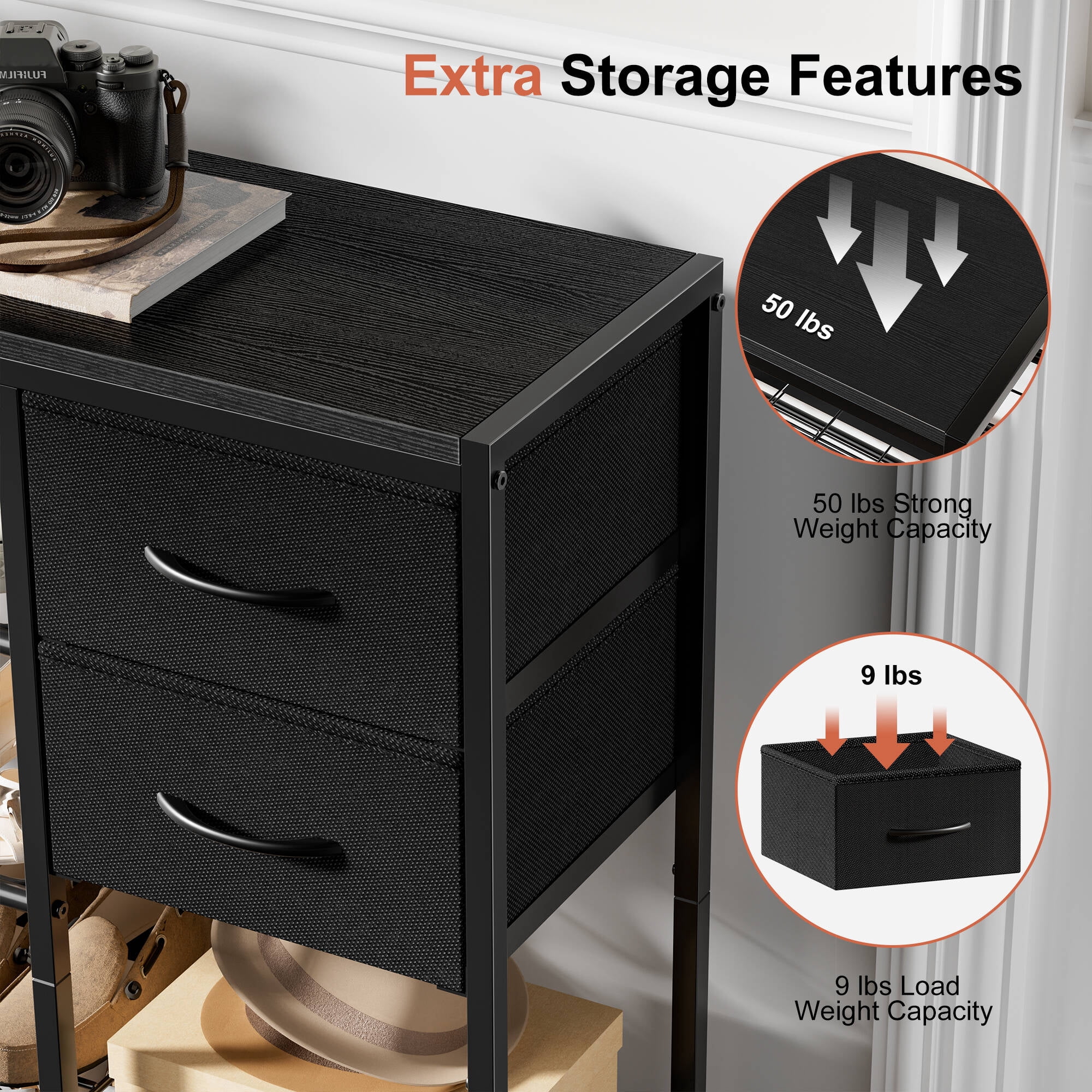 BGTREND 5-Tier Shoe Rack with Wooden Top and 2 Fabric Drawers, 16-21Pairs Shoe Storage Organizer with Boots Storage, Wide Shoe Stand for Entryway Hallway Closet (37.4''L, Black)