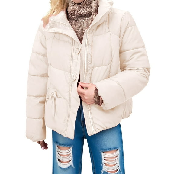VISALY Women's Oversized Puffer Full Zip Quilted Bubble Coats Padded Long Sleeve Winter Warm Coat Zip Up Short Puffer Tunic Jackets Beige L
