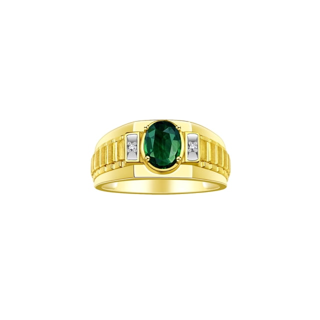 RYLOS Men's Rings Yellow Gold Plated Silver Rings Classic Designer Style 8X6MM Gemstone & Diamond Ring Green Sapphire Birthstone Rings For Men Size 8