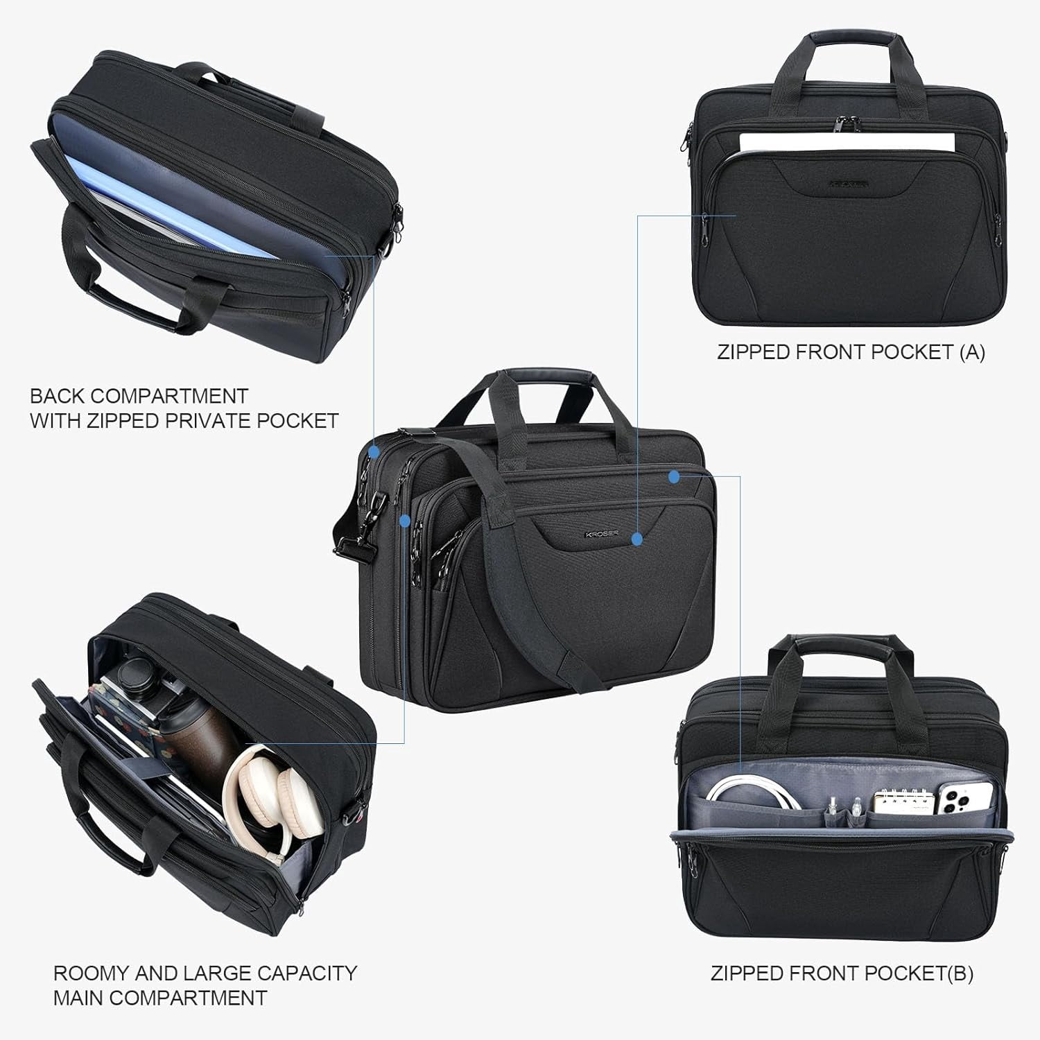 KROSER Large 17.3" Laptop Messenger Carrying Bag, Black
