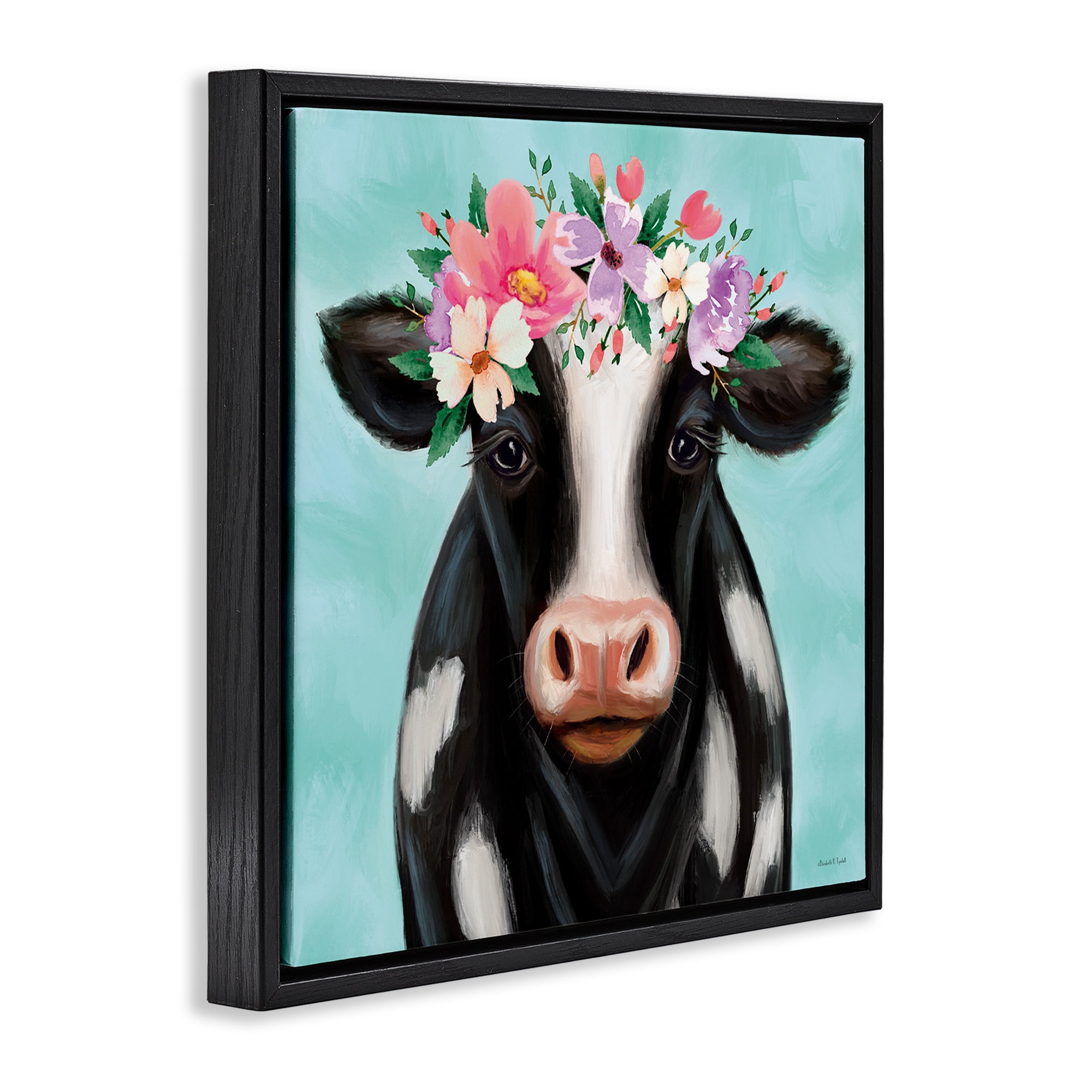 Stupell Industries Cow with Pastel Flowers Animals & Insects Painting Black Floater Framed Canvas Art Print Wall Art, 25 x 25