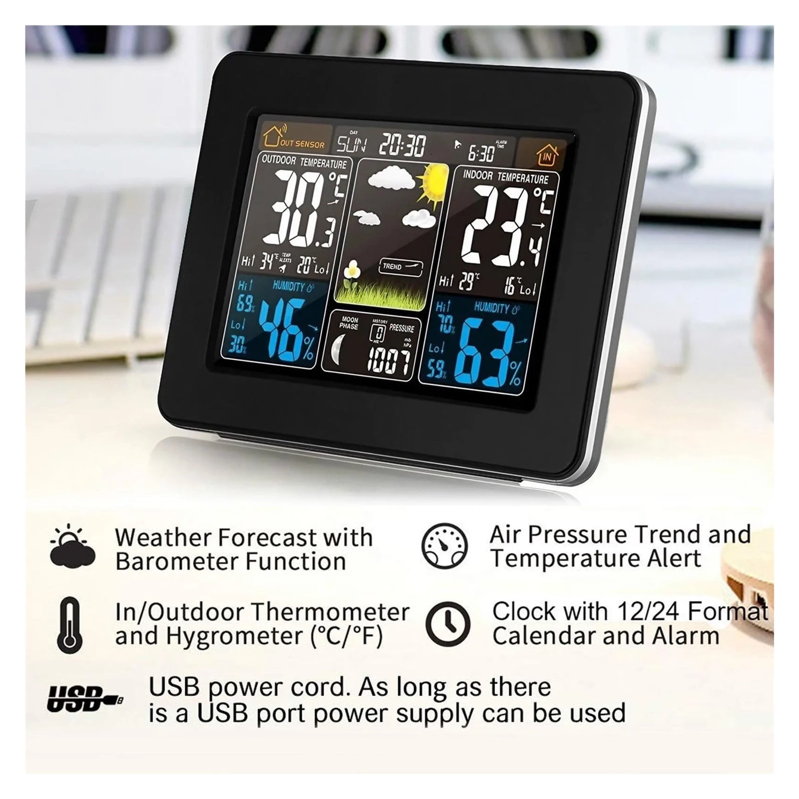 Wireless Weather Station with Large Color Screen, Digital Wall Mounted Clock
