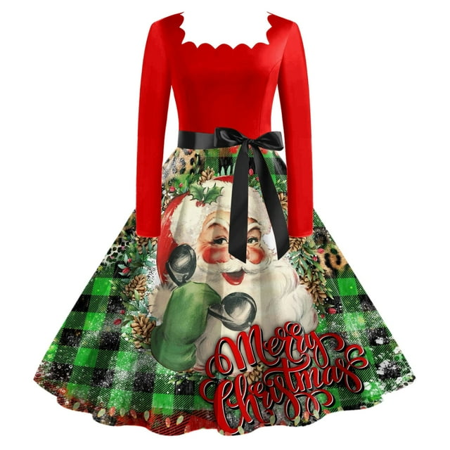 Robe de Thé Classique de Noël pour Femmes Manches Longues Robe de Soirée avec Ceinture