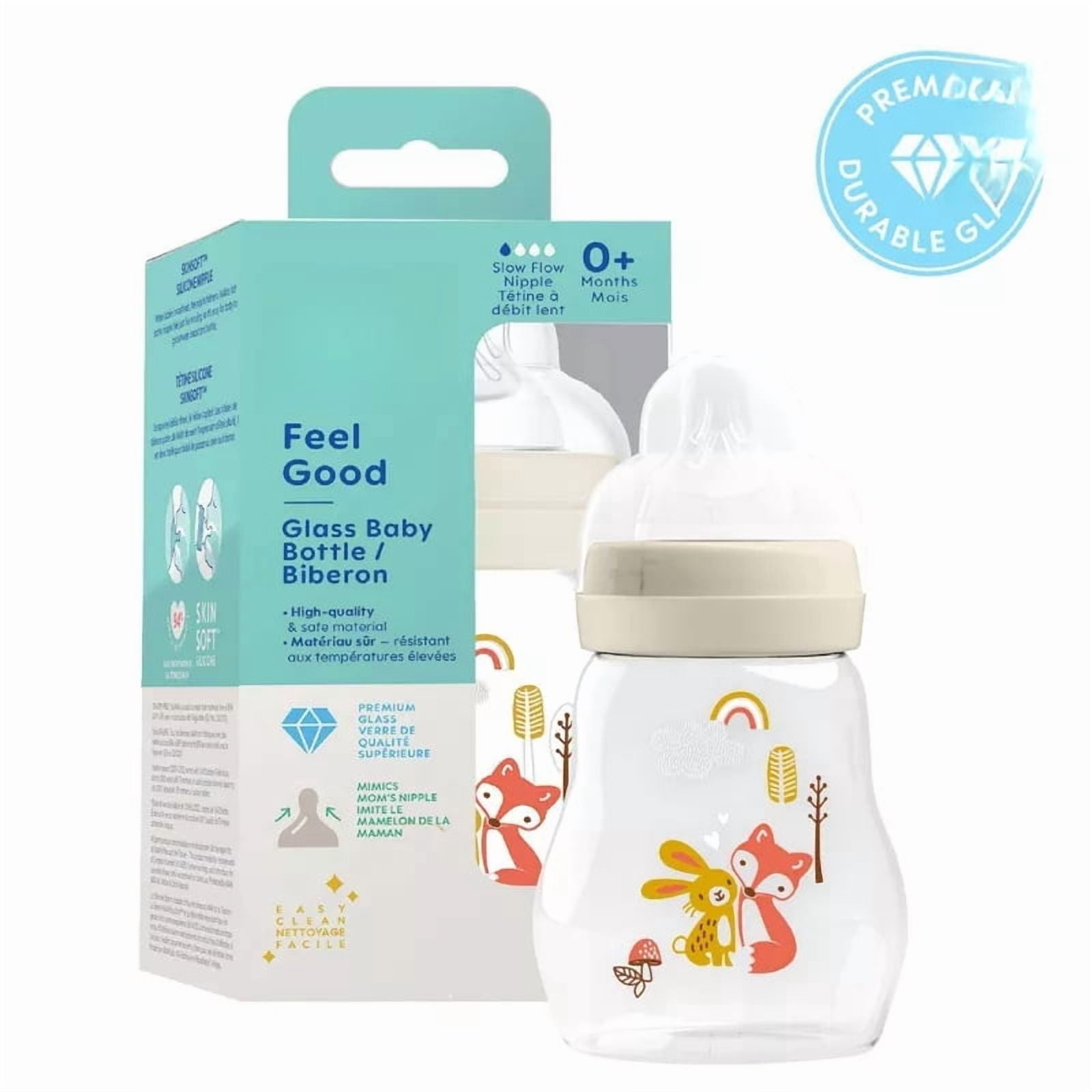 6 fl oz Glass Baby Bottle, Anti-Colic Infant Feeding Bottle with Silicone Nipple, Level 1 Slow Flow, BPA-Free, BPS-Free, Cream/Clear Glass Bottle for Newborns and Infants