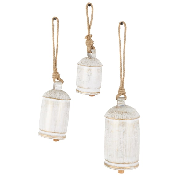 DecMode Tibetan Inspired White Metal Bell Decorative Cow Bells with Jute Hanging Rope, 3 Count
