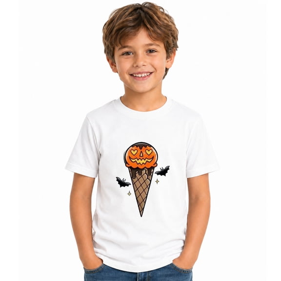 Boys Halloween Pumpkin Ice Cream Cone Graphic T-Shirt, Cute Spooky Short Sleeve Shirt for Seasonal Wear