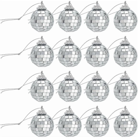 20Pcs 2.3x1.8 Inch Disco Ball Ornaments Mini Disco Balls Reflective Mirror Hanging Silver Christmas Tree Glass Ball Decorations with Rope for Wedding Party Dance Music Car Decoration Supplies Silver