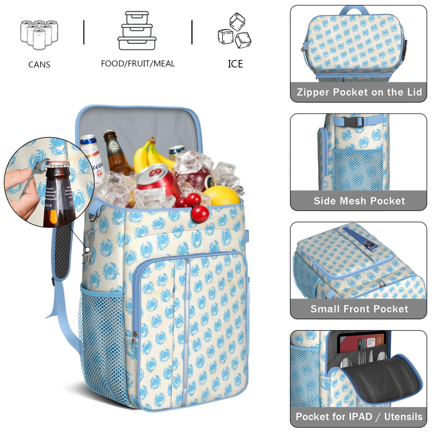 Camping Cooler Backpack 26 Cans,Soft Backpack Coolers Insulated Leak Proof Travel Cooler Bag Waterproof Lunch Picnic Beach Work Trip Thermal Bag Drink Beverage Beer Bag Cooler Marine Adorable Crab