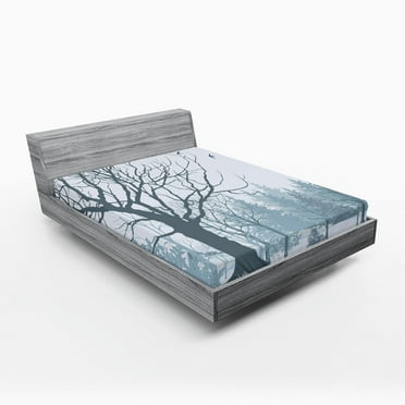 Ambesonne Winter Fitted Sheet, Snowy Forest Trees Birds, Full Size, Petrol Blue