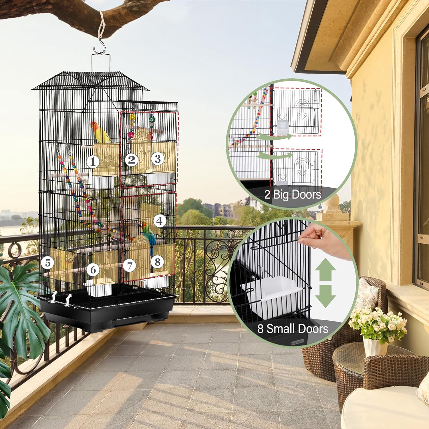 HJTER 39-inch Roof Top Large Flight Parrot Bird Cage for Small Quaker Cockatiel Canary Sun Parakeet Green Cheek Finch Budgie Lovebirds Wrought Iron Pet Bird Cage w/Toys