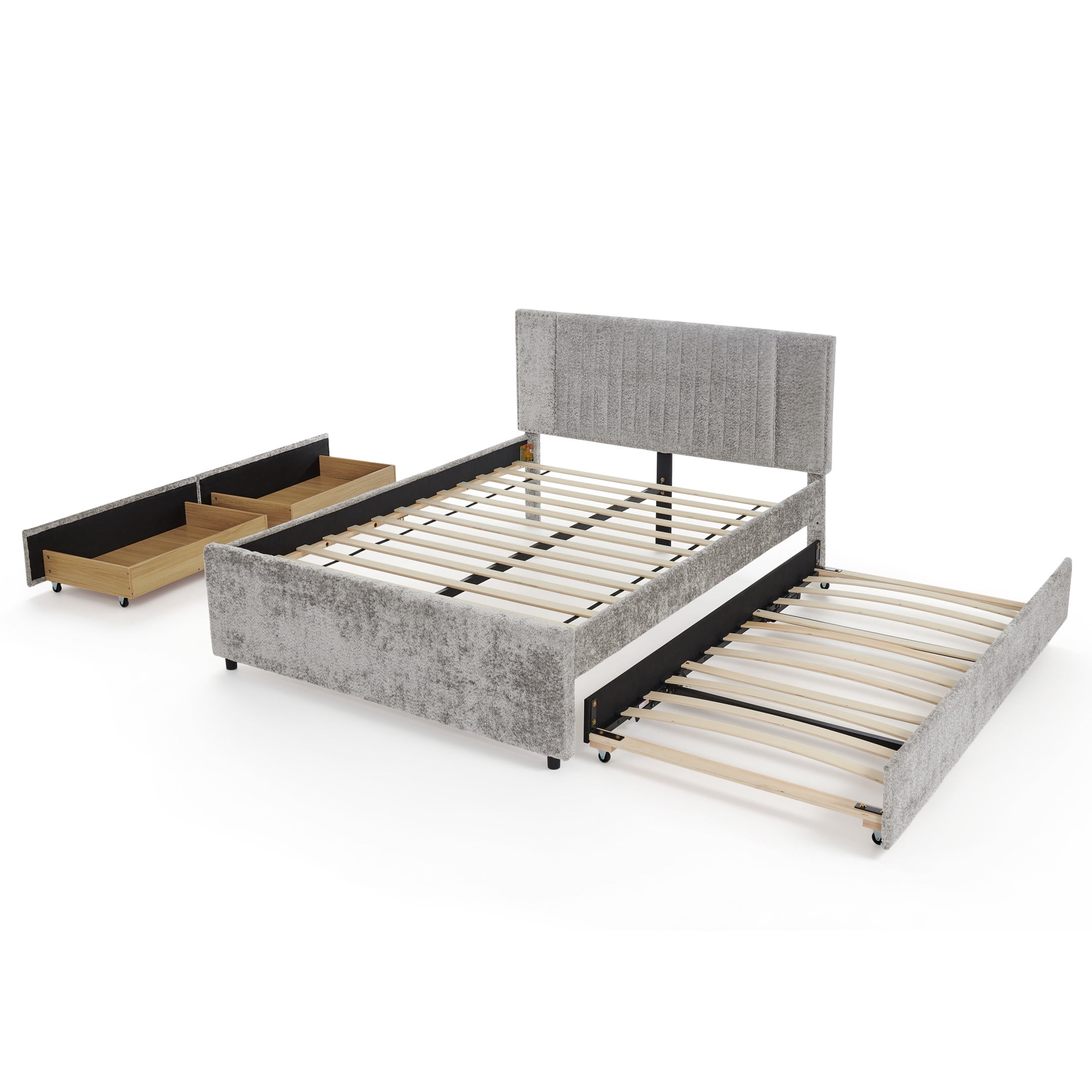 Noble House Luxen Queen Chenille Upholstered Bed, Vertical Tufted Daybed with Pull-out Trundle and Storage Drawers, Gray