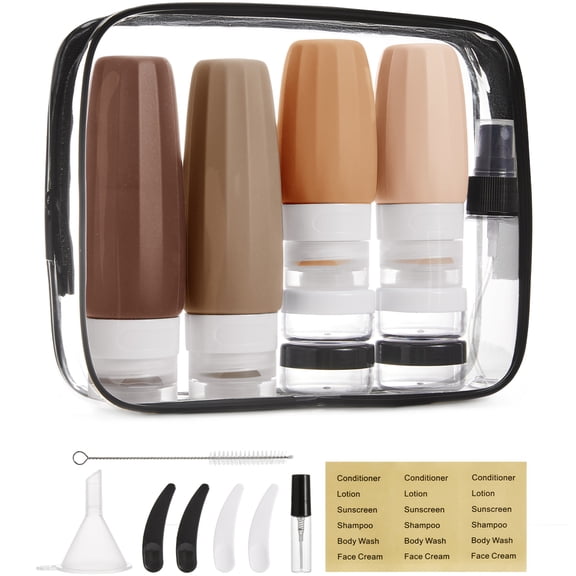 BAGSMART 18 Pack TSA Approved Travel Bottles for Toiletries, Leak Proof Silicone Travel Size Containers Bottles for Shampoo, Earth Tone