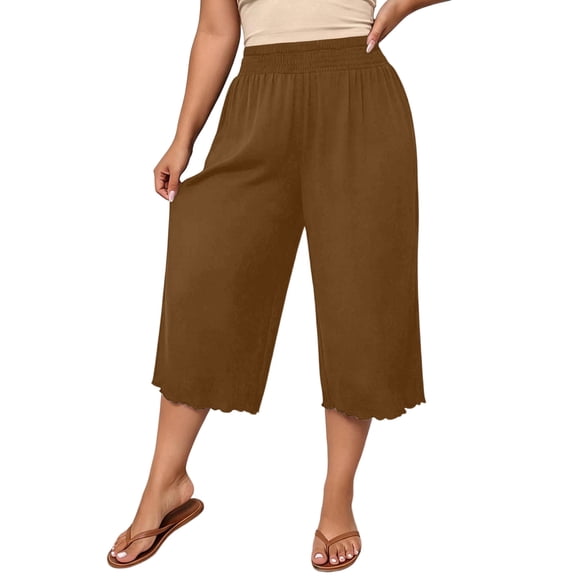 Vivianyo HD Women's Pluse Size Scalloped Hem Knit Culotte Pants, Womens Loose Smocked Elastic Waist Cropped Wide Leg Capris with Side Pockets, Women's Coffee, Sizes S-5XL