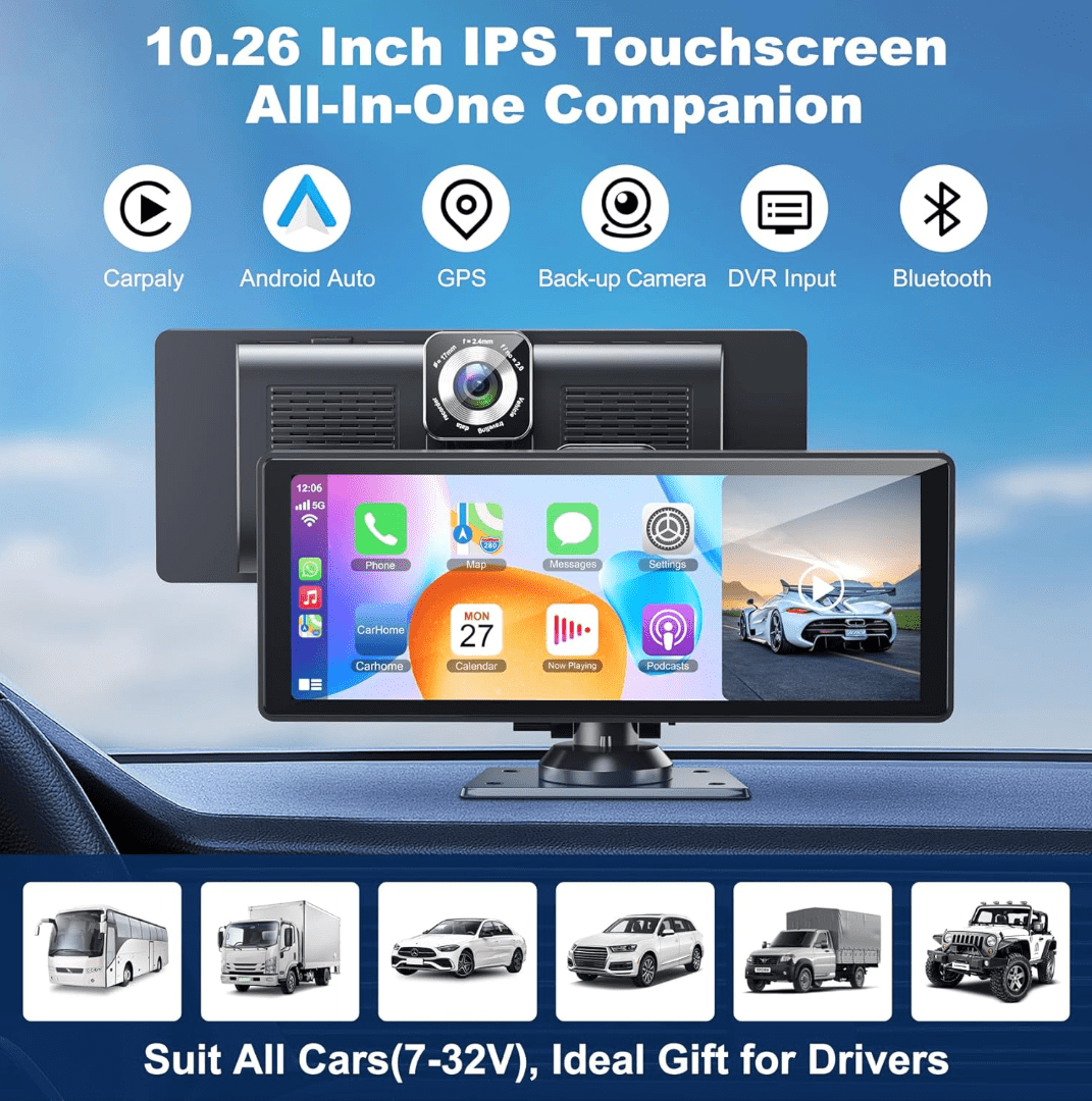 10.26 Inch Wireless Portable Car Stereo with 4K Dash Cam, HD Touchscreen  Apple CarPlay Screen Wireless Android Auto, ADAS, GPS Track, Bluetooth Car