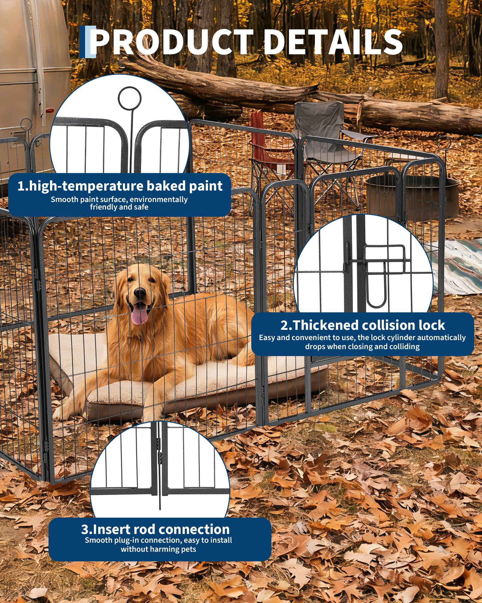 Outdoor Dog Playpen,Heavy Duty Metal Pet Exercise Pen,24 Inch, 8 Panels Metal Dog Fence with Gate, Pet Fence for Large/Small Dogs, Portable Dog Fence for RV Camping, Yard,32*24in