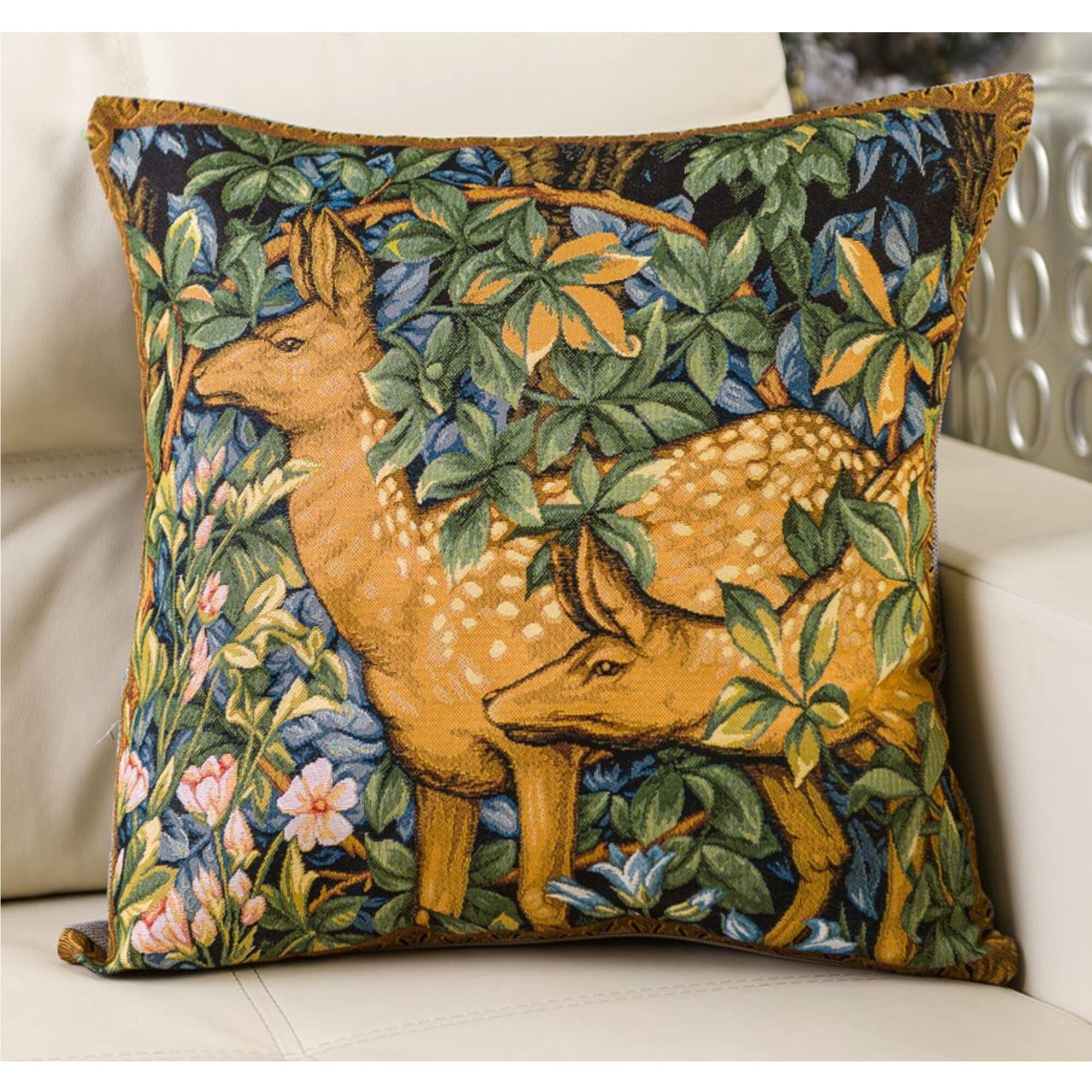 STPgoods Forest Dwellers / Deer William Morris Tapestry Throw Pillow with Insert 18x18" (45x45 cm) Decorative Couch and Sofa Cushion for Living Room Bedroom Square Pillowcase, Green Beige Blue