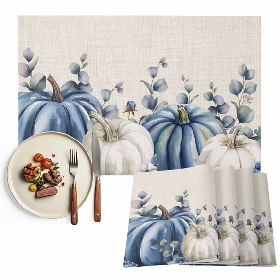 Farmhouse Thanksgiving Fall Placemats Set of 2, Blue White Pumpkins Leaves Table Mats Washable Heat-Insulation Non-Slip Place Mats for Kitchen Dinner Table Indoor Outdoor Decor,13x19 Inch
