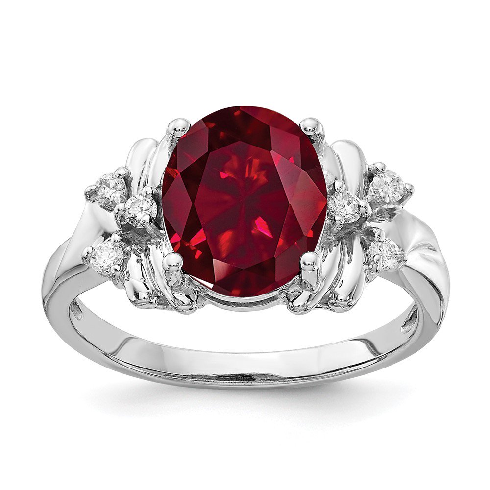 14k White Gold Ring Gemstone Womens Ruby 0.102 ct 10x8mm Oval Created AA Diamond