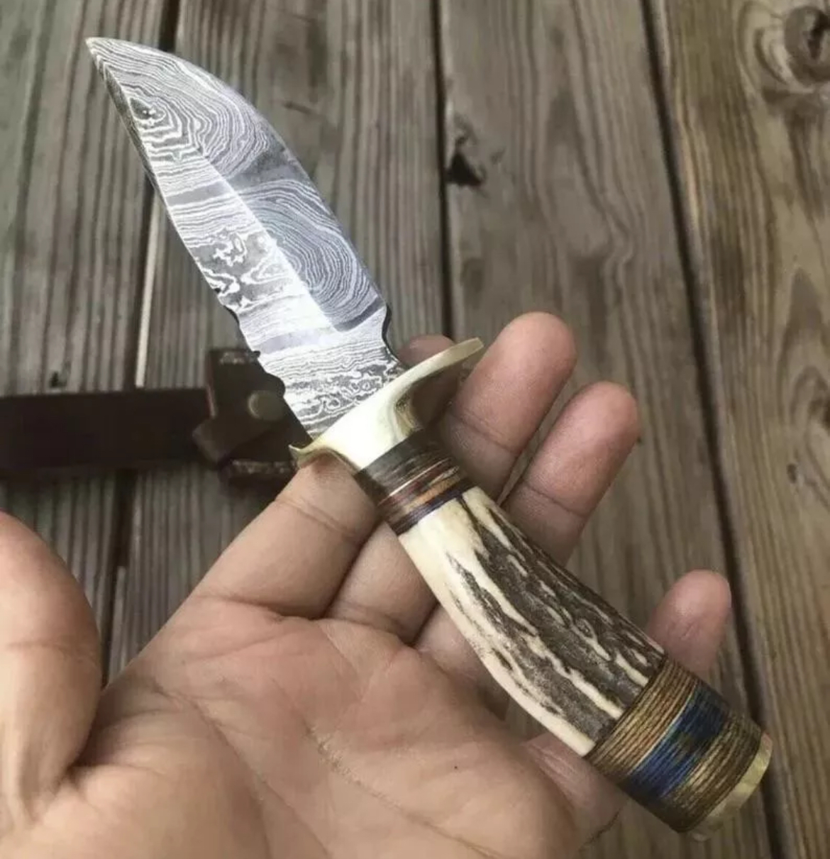 Custom Handmade Damascus Steel Skinning knife Stag Antler Handle With Belt Leather Sheath