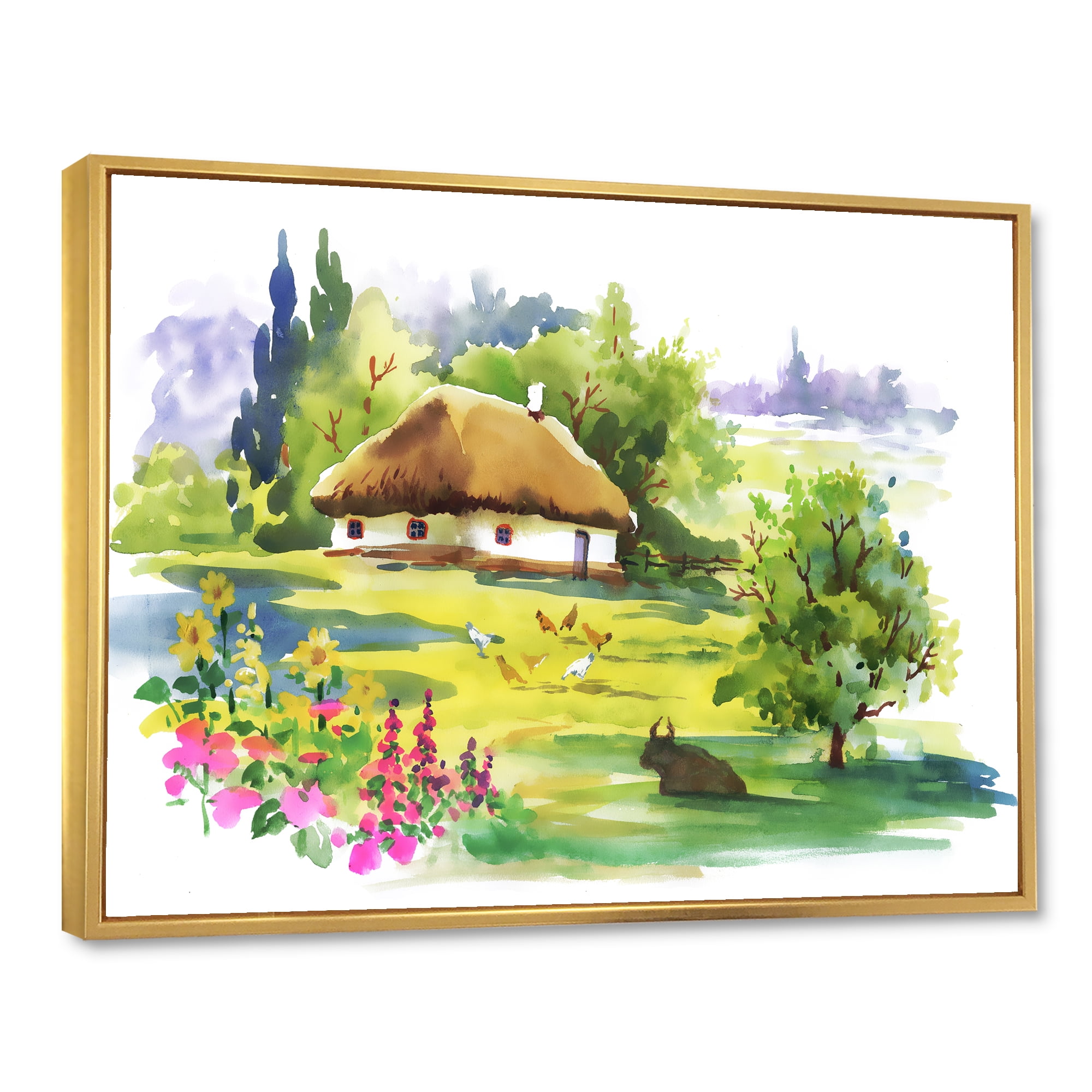 Designart 'Blossoming Greenlands And A Rural House' Traditional Framed Canvas Wall Art Print