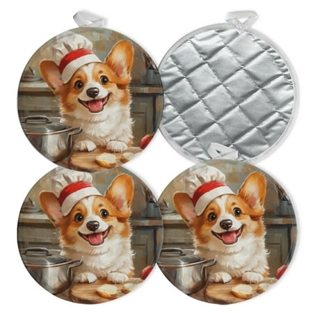 

4 PCS Pot Holders for Kitchen Potholders Sets with Hook for Oven Cooking Baking Chef Corgi In Kitchen Scene