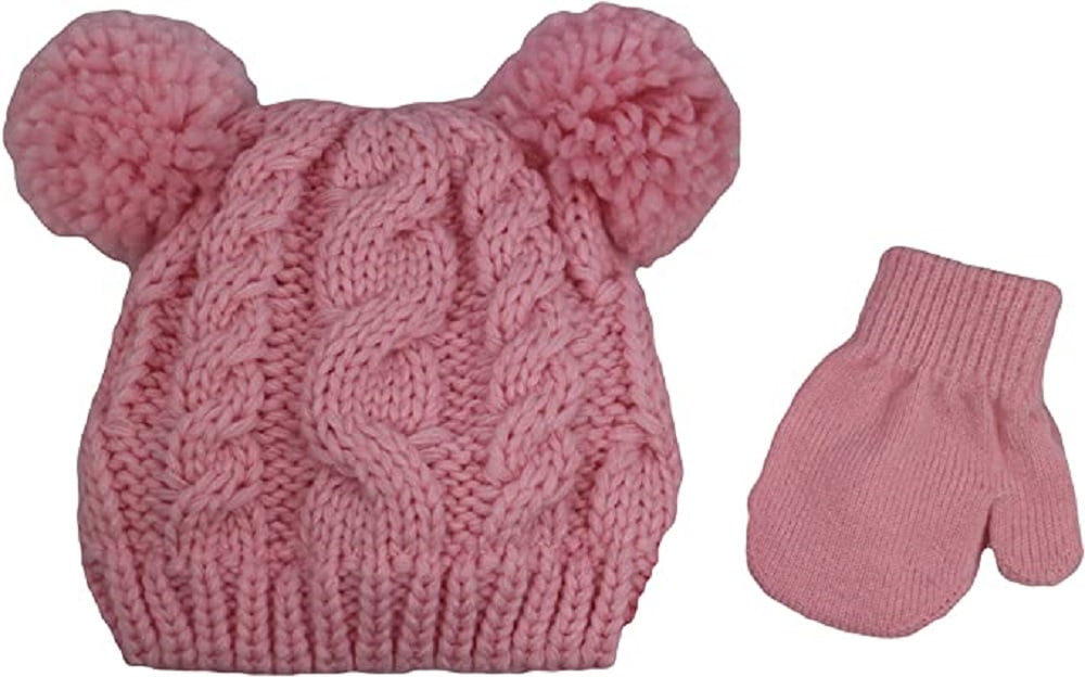 Laura Ashley Baby Girls' Cabled Dual Pom Pom Knit Hat & Mittens Set 