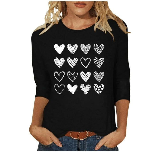 RXMEKW Haut à Manches 3/4, Motif Cœur pour Femmes, Col Rond, Manches Mi-Longues, T-Shirt Décontracté