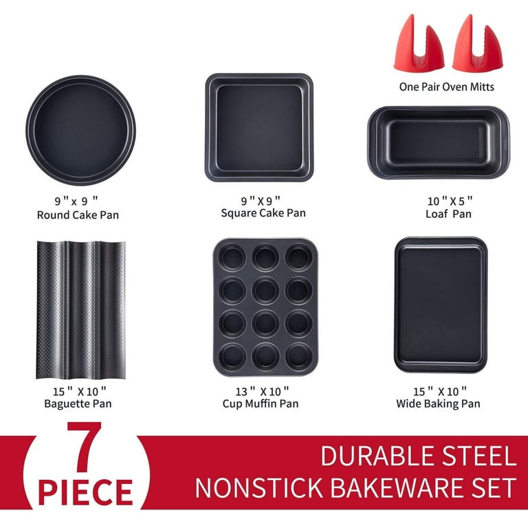 Baking Pans Sets Nonstick, Bakeware Set with Round Cake Pan, Square Cake Pan,  Loaf Pan, Cup Muffin Pan, Baguette Pan, Cookie Sheet & Silicone Oven Mitts,  Carbon Steel Bake Set 7-Piece 