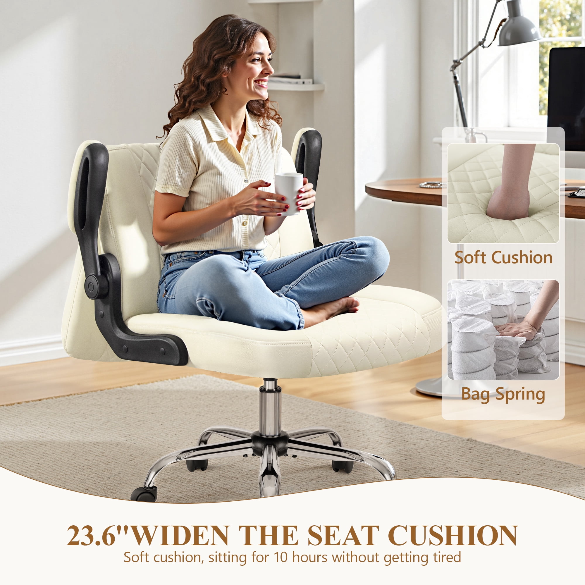 COOLHUT Criss Cross Chair with Flip-Up Arms and Wheels, Moveable Back Cushion Wide Seat Office Desk Chair, Height Adjustable Swivel Cross Legged Chair for Home Office, Study, Vanity, Beige