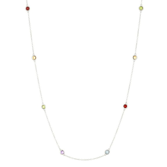 Round Multicolored Stones 3mm Stations Sterling Silver Necklace - 16” - Women’s