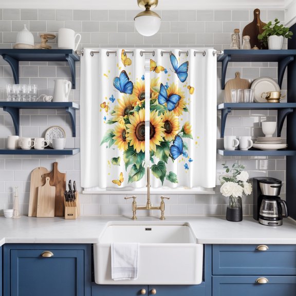 Sunflower Butterfly Window Curtains Panels with Silver Grommet, Yellow Blue Spring Pastoral Plant Kitchen Cafe Curtain Draperies Window Treatment Set for Living Room/Bedroom/Laundry/Bathroom, 84x63