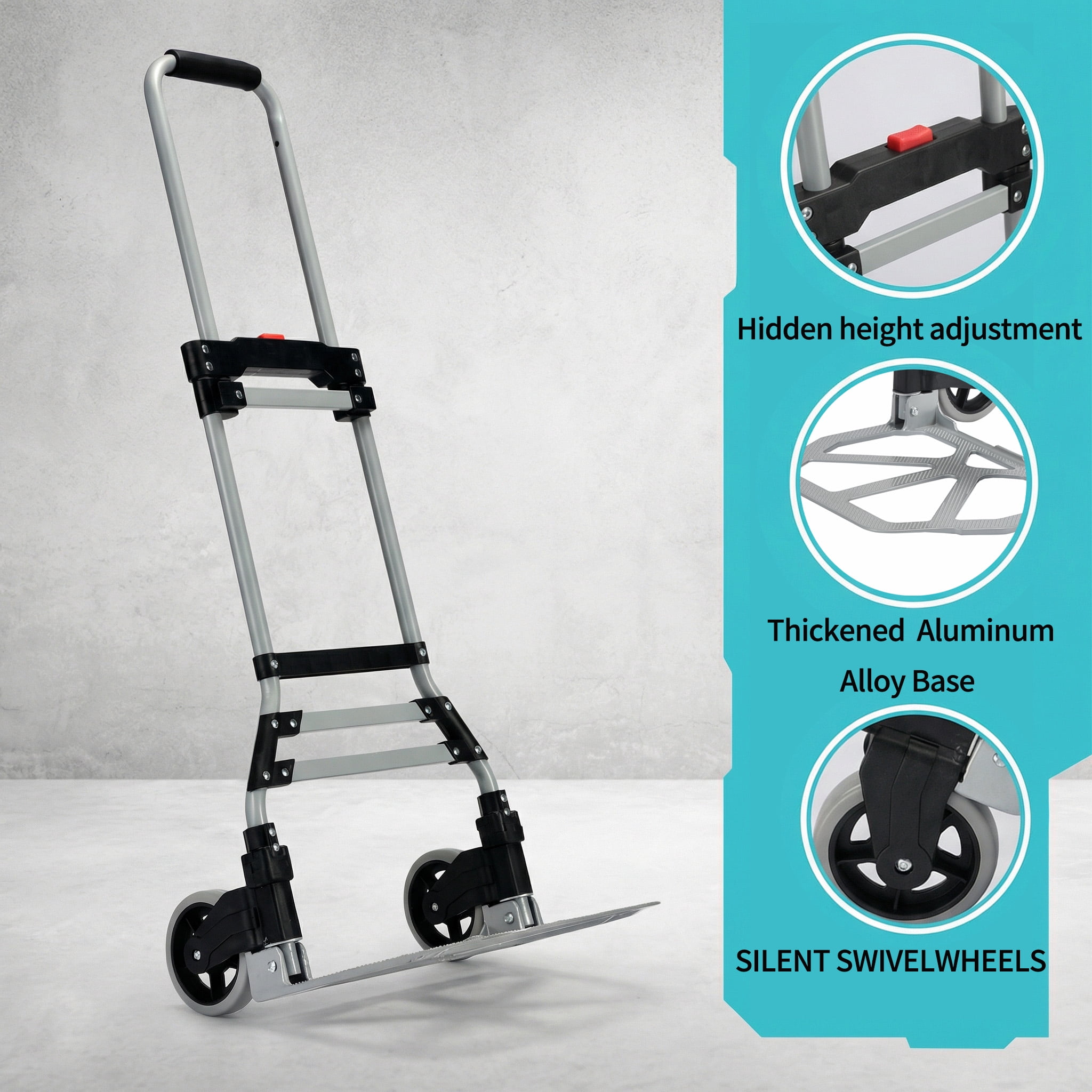 Takira Foldable Hand Cart, Portable Aluminum Luggage Cart with Telescopic Handle and Black Bungee Cord.