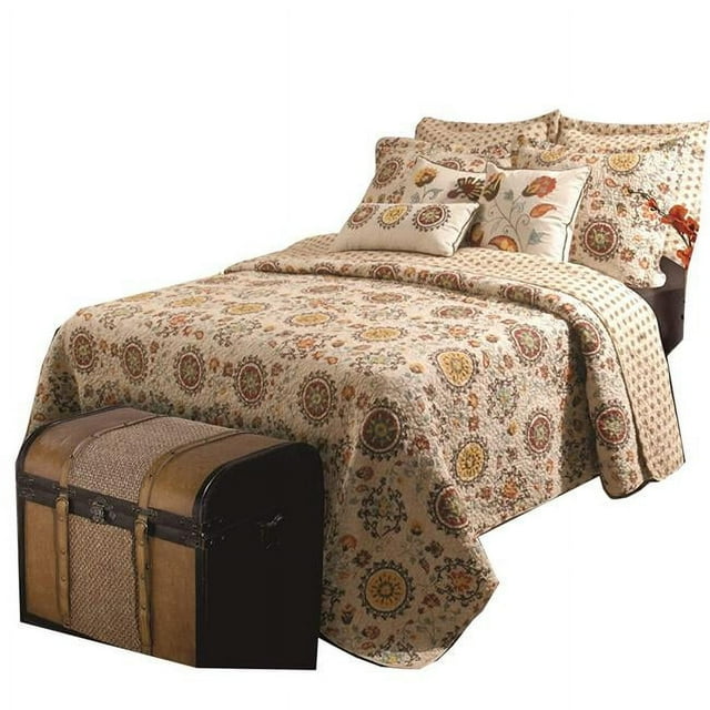 Benzara BM15147 Elbe Quilt Set with Medallion & Floral Pattern, Beige & Brown - Queen Size - 5 Piece