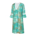thumbnail image 3 of VISgogo Vestido suelto con cuello en V para mujer, bohemio 3/4 de manga larga con ribete de encaje, minivestido de playa fluido VISgogo  moda, 3 of 9