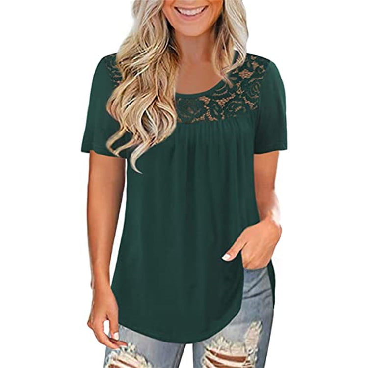 Summer Shirts for Women,Womens Casual Summer Tops O-Neck Shirt Lace Solid Color Short Sleeve Shirt Tunic Top 
