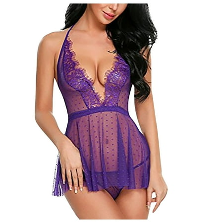 TUWABEII Womens Lingerie Baby Doll Hanging Neck Strap Lace Patchwork Waist Cinching Dress Add Underwear Set