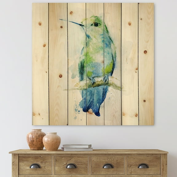 Designart 'Colibri Bird On Branch' Traditional Print on Natural Pine Wood