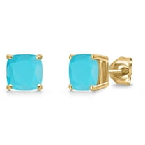 Gem Stone King 14K Yellow Gold Green Turquoise Double Notch Stud Earrings | 1.80 Cttw | Gemstone Birthstone | Cushion 6MM | Gold Earrings for Women Men