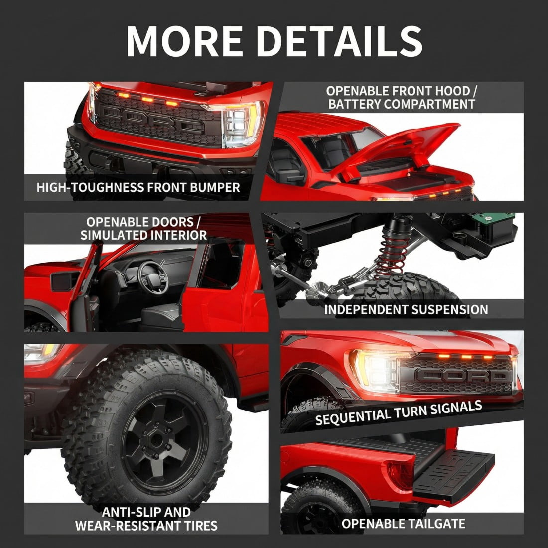 R12-01Q 1:12 Scale Off-Road Pickup RC Car, 2.4G Proportional Throttle & Cruise Control RC Crawler with LED Light System, All-Terrain Drift Model for Adults - RTR